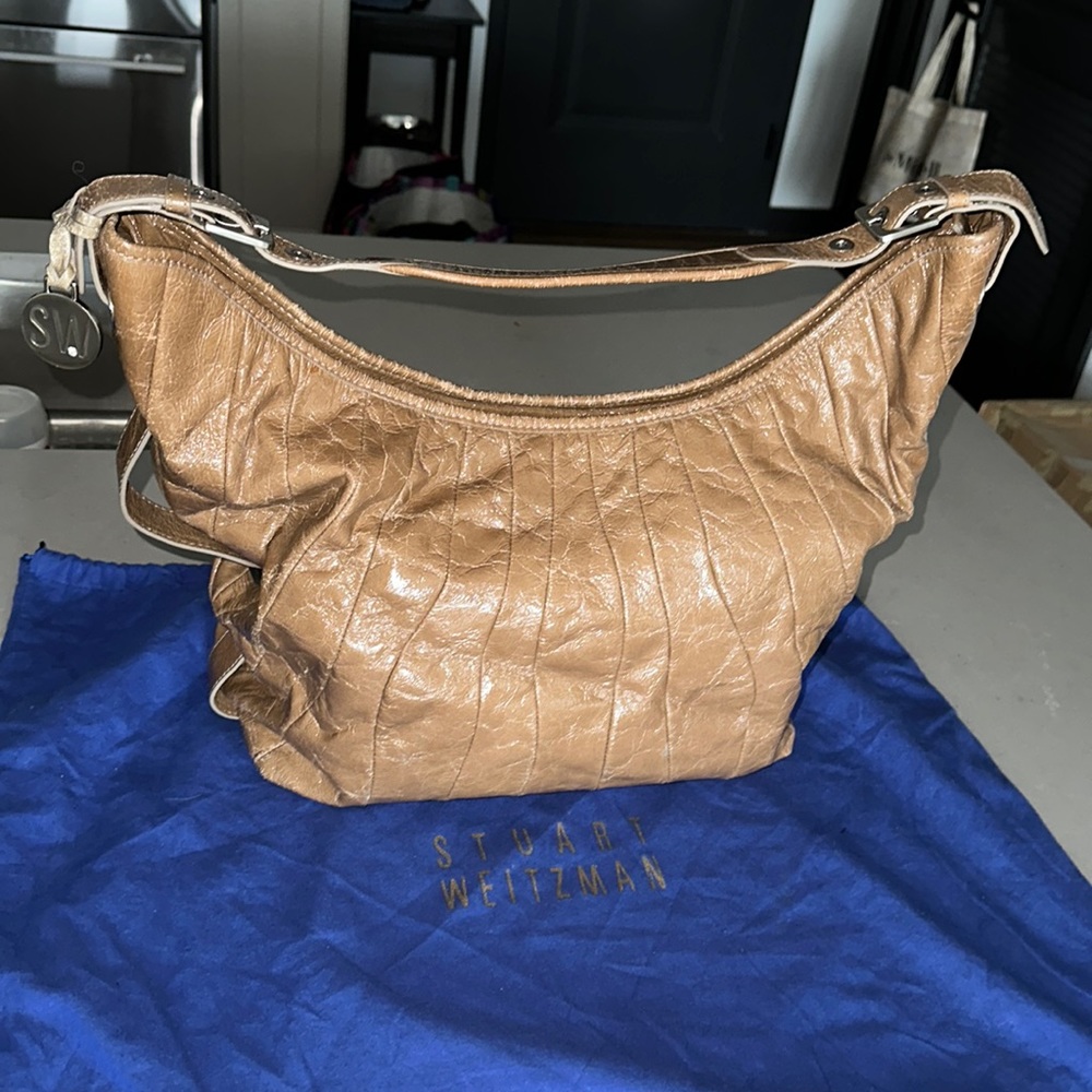 Stuart Weitzman Vintage Tan Crackle Leather Hobo Bag With Bag Charm and Dust Bag